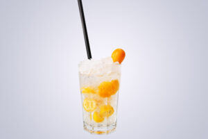 Cocktailauswahl mobile Bar orange weisser Cocktail Bombay Crushed mit Kumquats im Glas