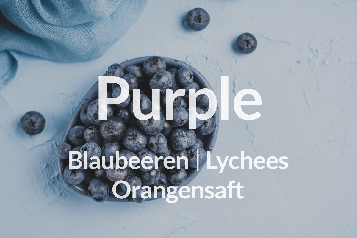 Purple Smoothie Catering Blaubeeren in einer Schale Lychees Orangensaft