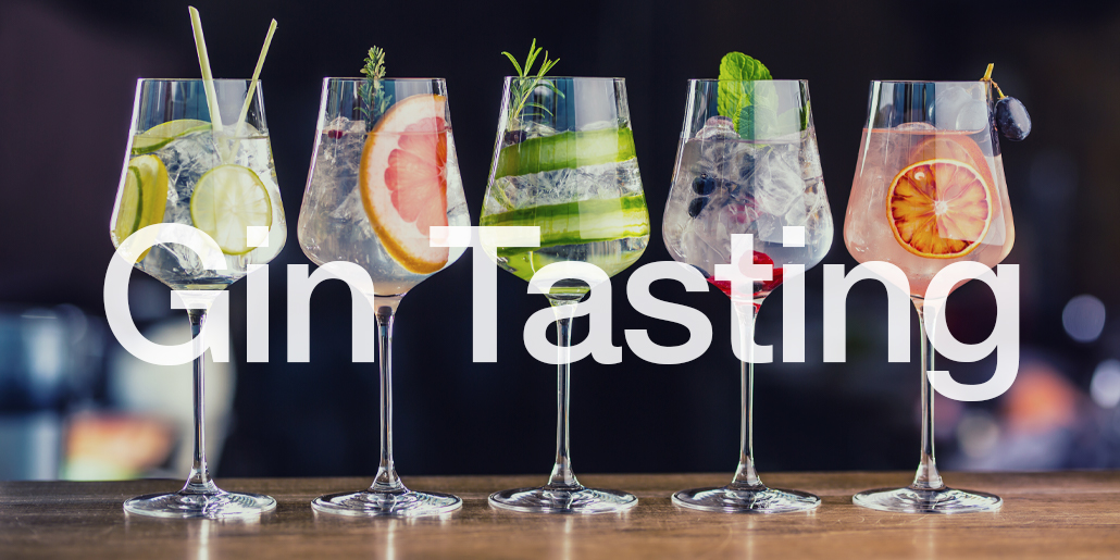 Fünf Weingläser mit Gin und Botanicals Zitrusfrüchte Gin Tasting Cocktailservice