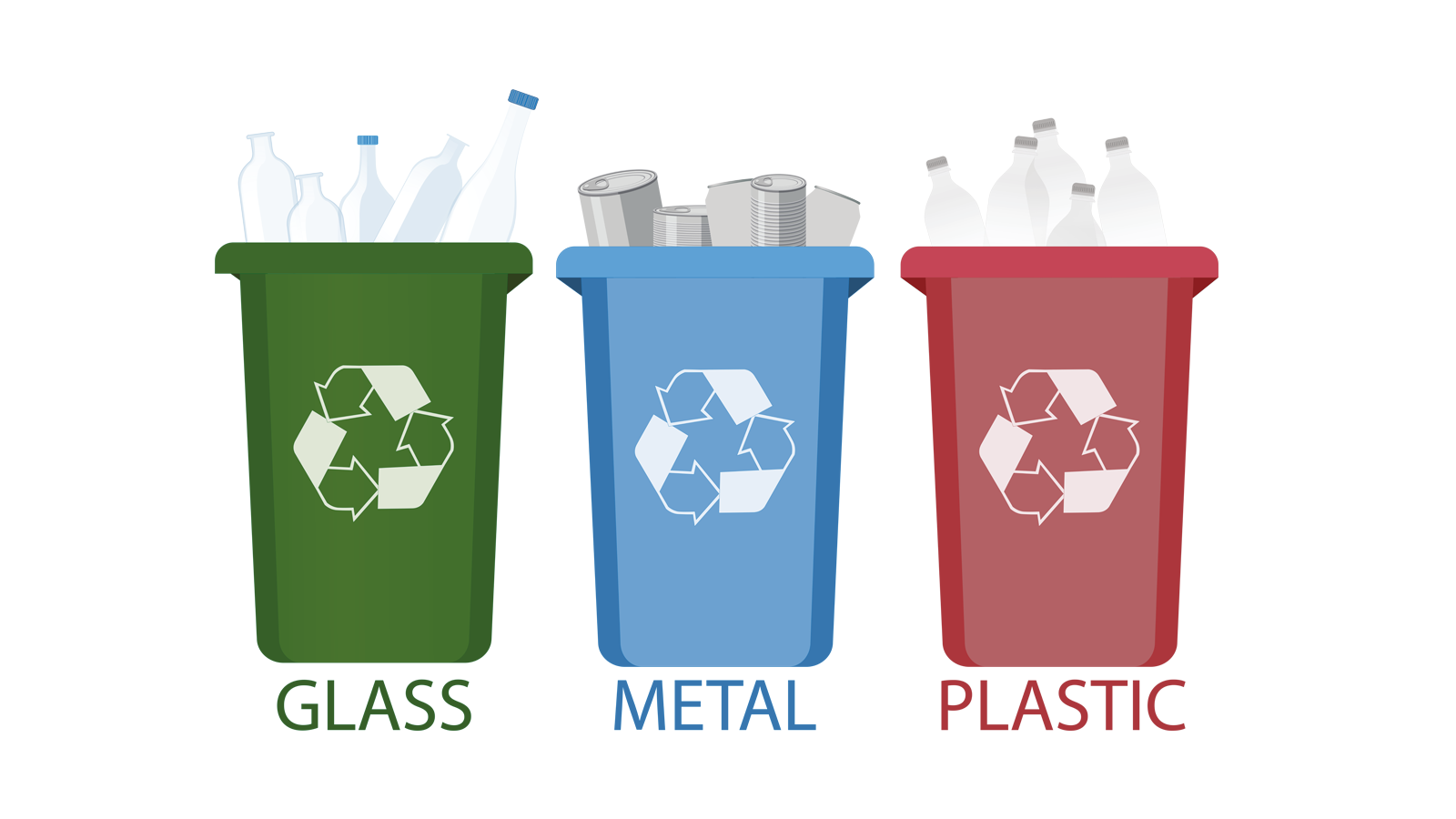 Mülltrennung mit verschiedenen Mülltonnnen Glas Metall und Plastik